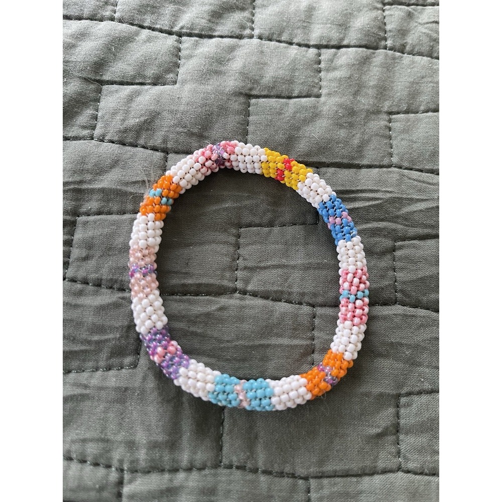 Beaded Roll-On Bracelet Multicolor Bright Glass Seed Beads Boho Stacking Bangle